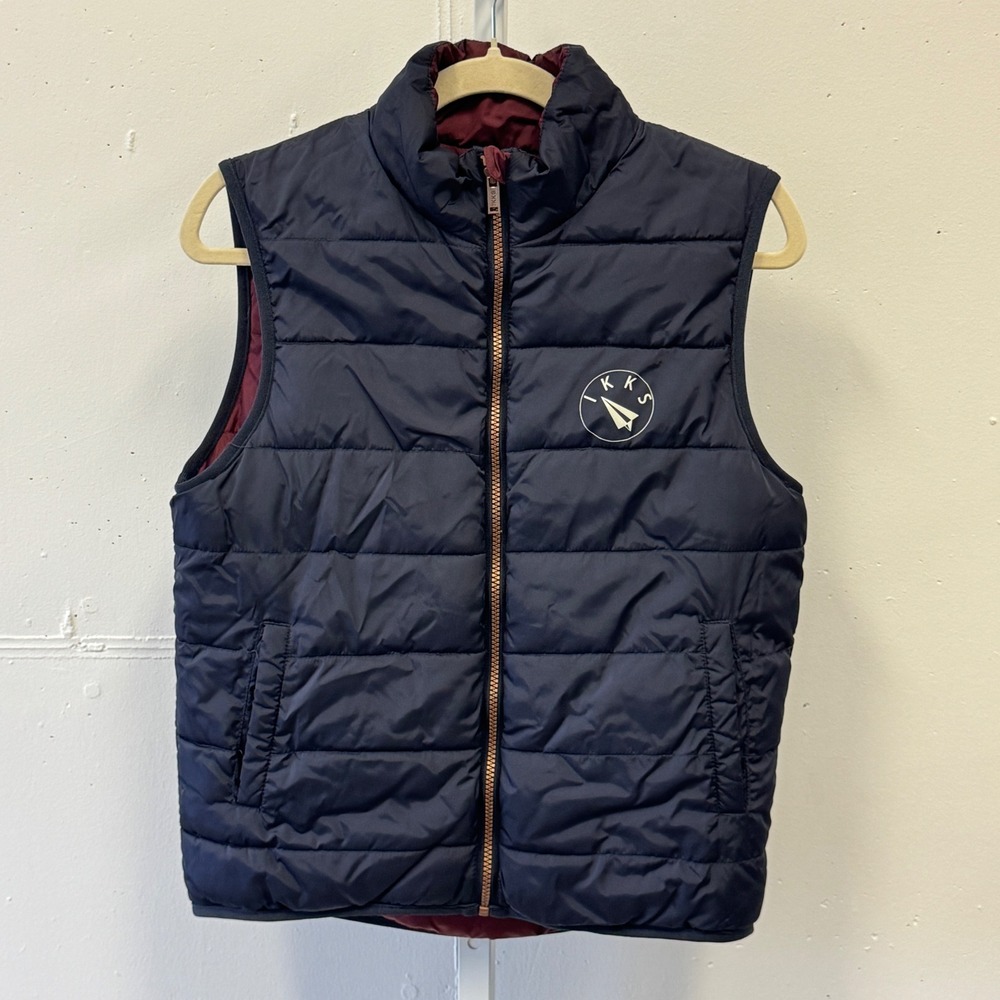 IKKS Reversible Puffer Vest Navy Blue Burgundy Flying Without Wings B-003 Womens